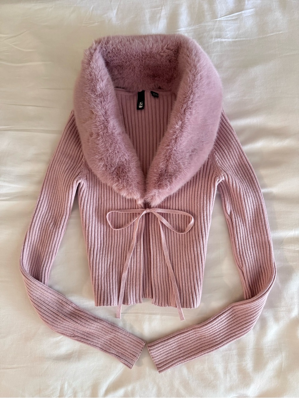 Garage Dusty Pink Ribbed Cardigan with Faux-Fur Collar